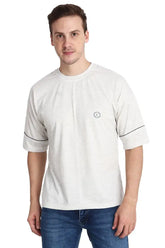 Premium Cotton Blend Half-Sleeve Men's Black Strip Oversized T-Shirt in Light Grey