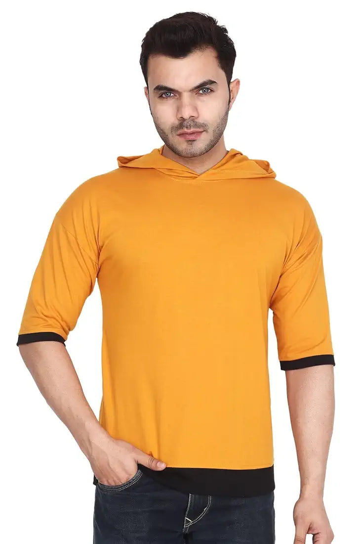 Cotton Blend Dropshoulder Mens Hooded Oversized T-Shirt - Mustard Yellow