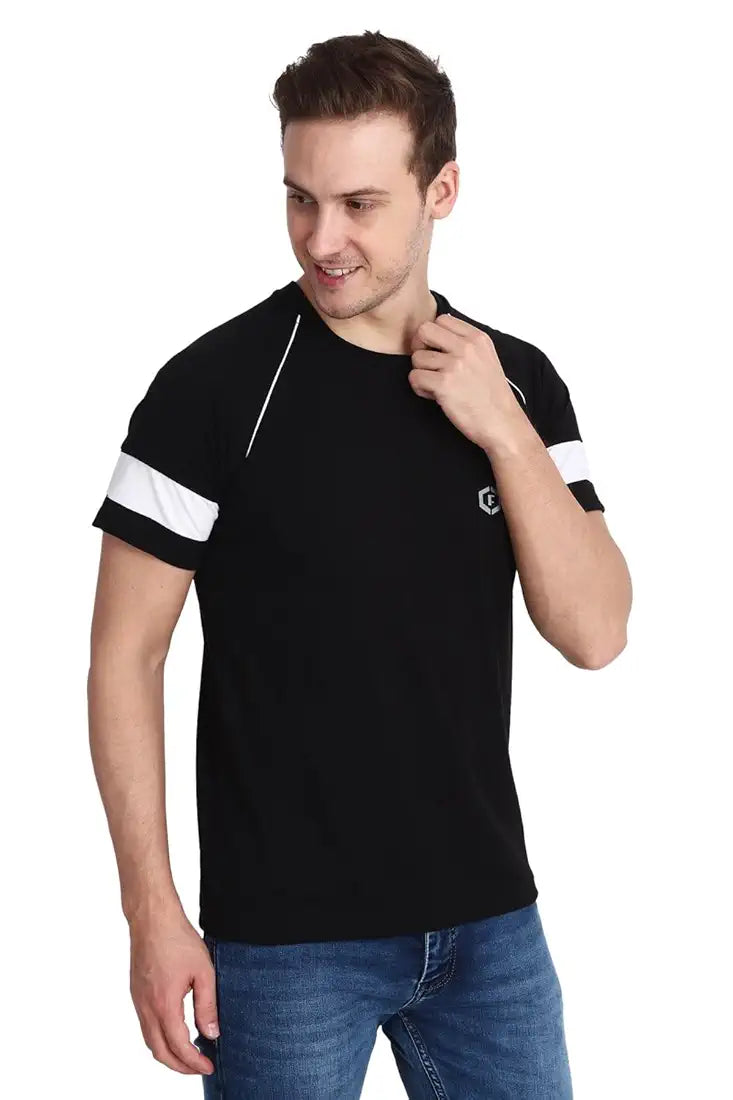 Ocustomo Color-Blocked Halfsleeves Raglan Mens White Strip T-Shirt - Black