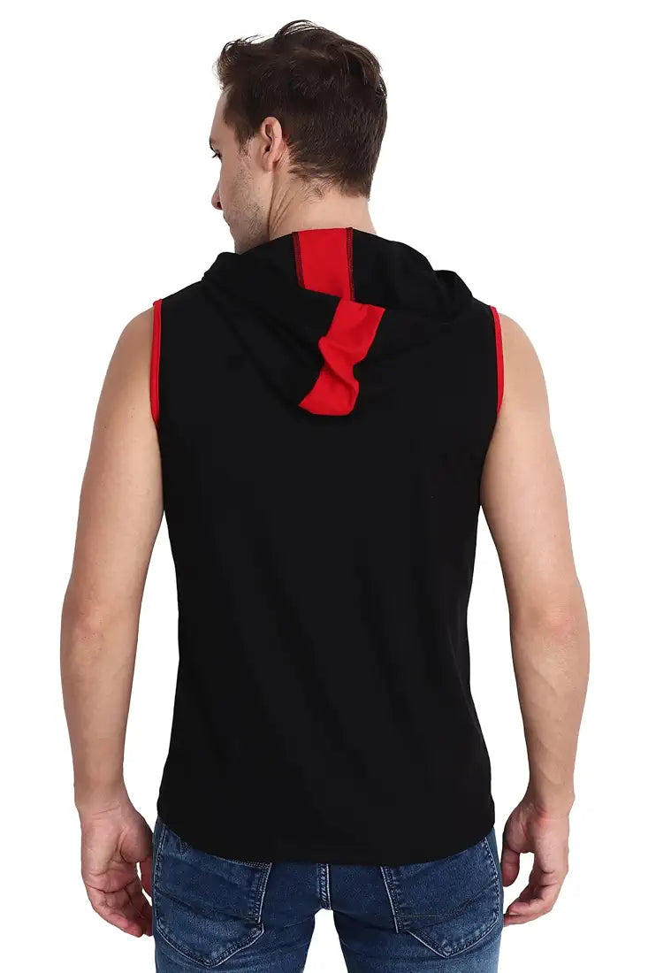 Ocustomo Color-Blocked Hood Neck Sleeveless Vest Top Tank with Red Strip - Black | Style 25