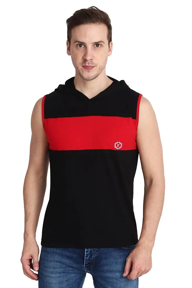 Ocustomo Color-Blocked Hood Neck Sleeveless Vest Top Tank with Red Strip - Black | Style 25
