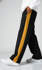 Cotton Blend Men's Track Baggy Pants Black With Mid Mustard Yellow Stripe