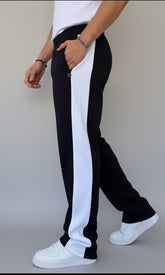 Cotton Blend Men's Track Baggy Pants Black With Mid White Stripe