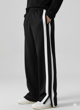 Febue Men's Baggy Street Fashion Track Pants Black With Mid White Two Stripe