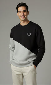 Solid Cotton Blend Mens Relaxed Fit Colorblock Sweatshirt- Black & Grey