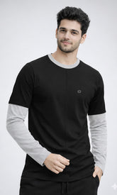 Febue Men’s Colorblock Full Sleeve T-Shirt – Black & Grey | Relaxed Fit with Grey Sleeves & Contrast Neckline