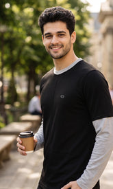 Febue Men’s Colorblock Full Sleeve T-Shirt – Black & Grey | Relaxed Fit with Grey Sleeves & Contrast Neckline