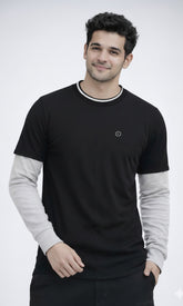 Febue Men’s Black & Grey Colorblock Full Sleeve T-Shirt | Relaxed Fit with Ribbed Neck
