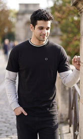 Febue Men’s Black & Grey Colorblock Full Sleeve T-Shirt | Relaxed Fit with Ribbed Neck