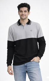 Febue Men’s Collared Colorblock Full Sleeve T-Shirt – Black & Grey | Relaxed Fit