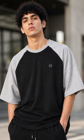 Febue Men's Black & Grey Melange Raglan Oversized T-Shirt | Streetwear Tee