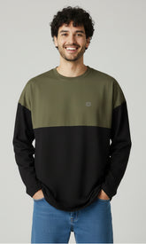 Febue Men’s Oversized Colorblock T-Shirt – Olive Green & Black | Baggy Streetwear Fit