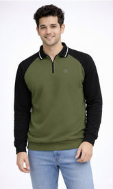 FEBUE Men’s Olive Green Full Sleeve Zipper Polo Raglan T-Shirt | Casual Wear