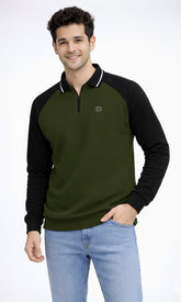 FEBUE Men’s Olive Green Full Sleeve Zipper Polo Raglan T-Shirt | Casual Wear