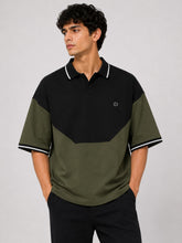 Men's Relaxed Fit Olive Green & Black Colorblock Polo T-Shirt | Drop Shoulder Streetwear Tee