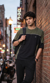 Men's Relaxed Fit Olive Green & Black Colorblock Drop Shoulder T-Shirt | Streetwear Tee