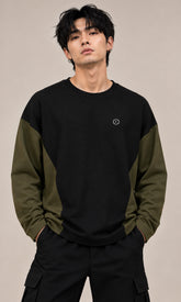 Men’s Black & Olive Green Colorblock Oversized Fullsleeves T-Shirt