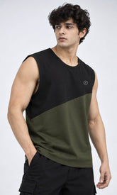 Febue Men’s Colorblock Black and Olive Green Sleeveless Tank Top