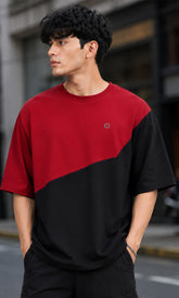 Febue Men's Dropshoulder Relaxed Fit T-Shirt - Black & Red Colorblock Streetwear Tee