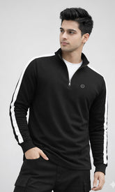 FEBUE Men’s Streetwear Zipper Cotton Blend Fullsleeves Strip Relaxed T-Shirt – Black