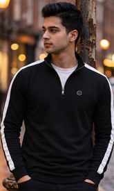FEBUE Men’s Streetwear Zipper Cotton Blend Fullsleeves Strip Relaxed T-Shirt – Black