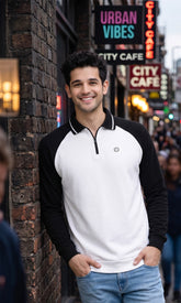 FEBUE Men’s White Full Sleeve Zipper Polo Raglan T-Shirt | Casual Wear