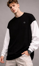 Febue Men’s Super Oversized Black T-Shirt with White Arms – Baggy I Street Fashion I Full Sleeves
