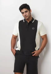 Mens Color-blocked Strip Collar Polo Oversized T-shirt - Black & White