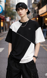 Febue Korean Style Colorblock Relaxed Fit Streetwear Men's T-Shirt - Black & White