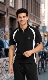 Men's Relaxed Fit Black Terry French Zipper Polo T-Shirt with White Contrast Panels | Streetwear Tee
