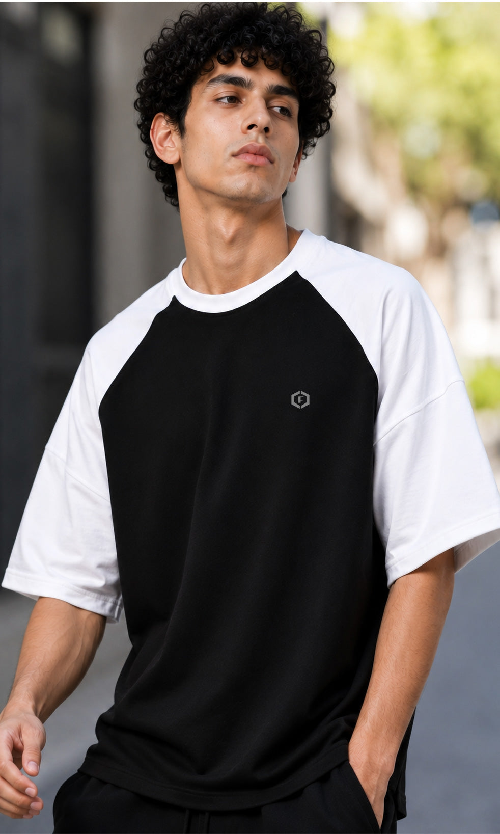 Men's black white raglan oversized T-shirt - Febue