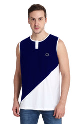 Mens Color-blocked Neck Slit Vest Slant Top Tank - Royal Blue White