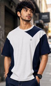Febue Men's Regular Fit T-Shirt - Grey & Navy Colorblock Streetwear Tee