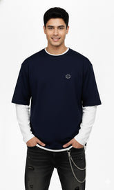Febue Colorblock Oversized Navy Fullsleeves T-shirt with White Arms