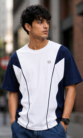 Febue Men's Regular Fit T-Shirt - White & Navy Blue Colorblock Streetwear Tee
