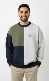 Solid Cotton Blend Mens Oversized Tricolor Sweatshirt- Olive, Navy & White