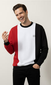 Solid Cotton Blend Mens Vertical Colorblock Sweatshirt - Red, Black & White