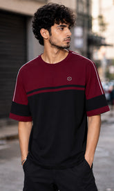 Febue Men's Regular Fit Pipen T-Shirt - Wine & Black Colorblock Streetwear Tee