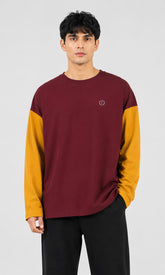 Febue Men's Street Style Colorblock Relaxed Fit T-Shirt – Wine & Mustard Yellow