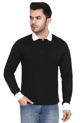 Febue Solid Men Polo Neck Black Full Sleeves T-Shirt With White collar