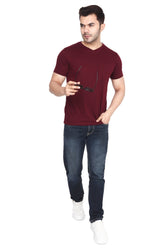 Solid Men V Neck Half Sleeves Pocket T-Shirt - Wine