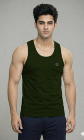 Mens Strap Sleeveless Gym & Casual Wear Vest Top Tank - Olive Green