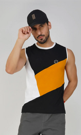 Mens Color-blocked Neck Slit Vest Slant Top Tank - Multicolor