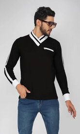 Febue Mens Color-blocked Fullsleeves Mandarin Collar T-shirt - Black & White
