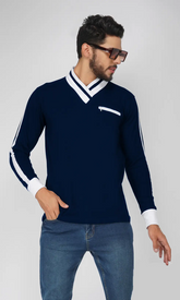 Febue Mens Color-blocked Fullsleeves Mandarin Collar T-shirt - Navy & White