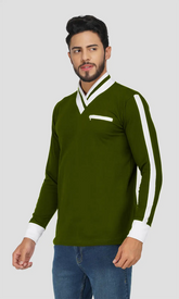 Febue Mens Color-blocked Fullsleeves Mandarin Collar T-shirt - Olive Green & White