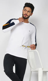 Men's Fullsleeves Regular White T-shirt with Multicolor Arm