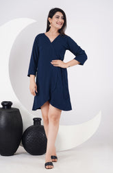 Febue Solid Front Open Women's Pocket Dress - Navy Blue (FED019)