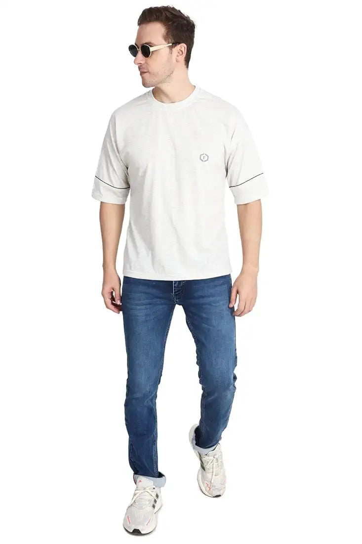 Premium Cotton Blend Half-Sleeve Men's Black Strip Oversized T-Shirt in Light Grey