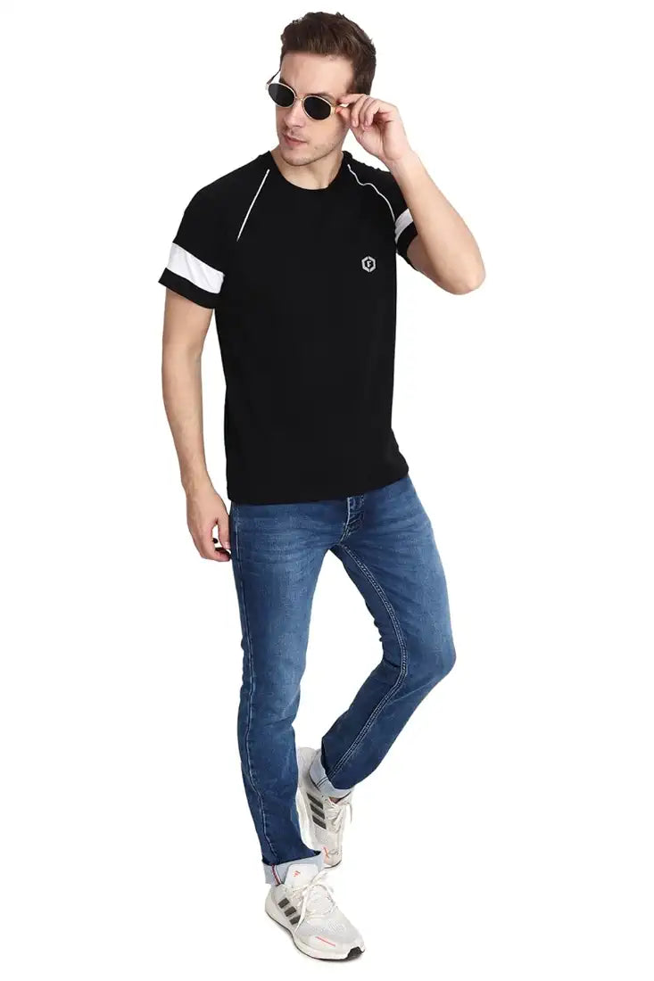 Ocustomo Color-Blocked Halfsleeves Raglan Mens White Strip T-Shirt - Black